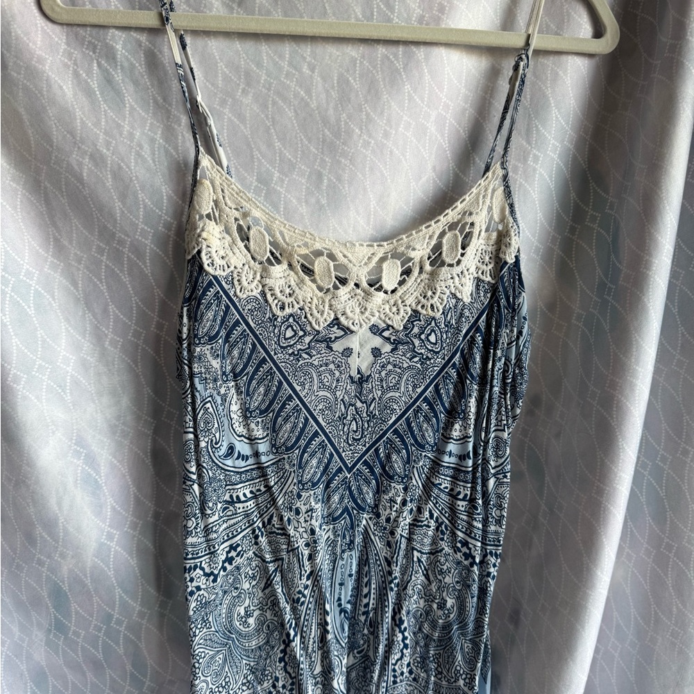 Blue and White Paisley spaghetti strap camisole with Lace Detail New